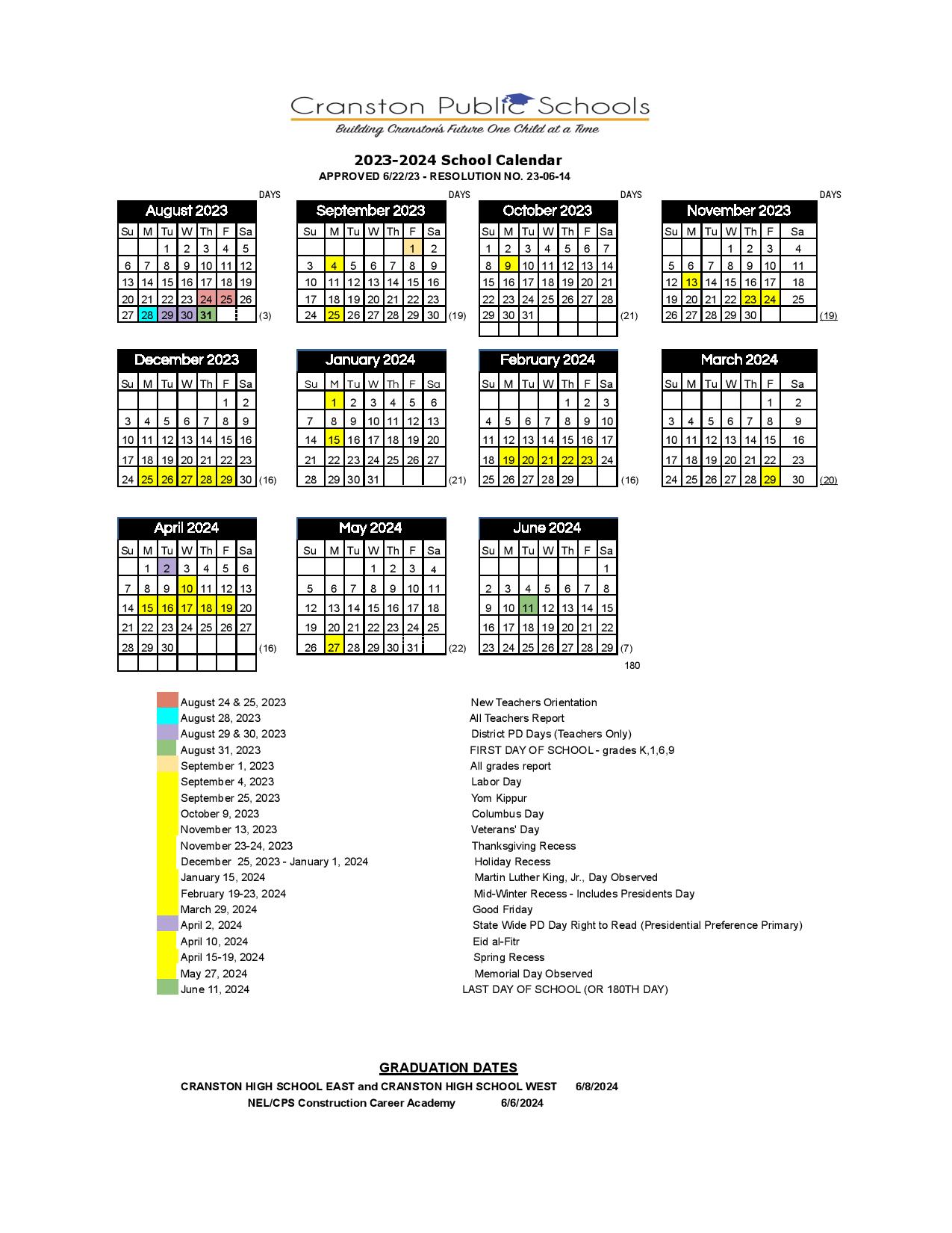 Cranston Public Schools Calendar 2023 2024 in PDF