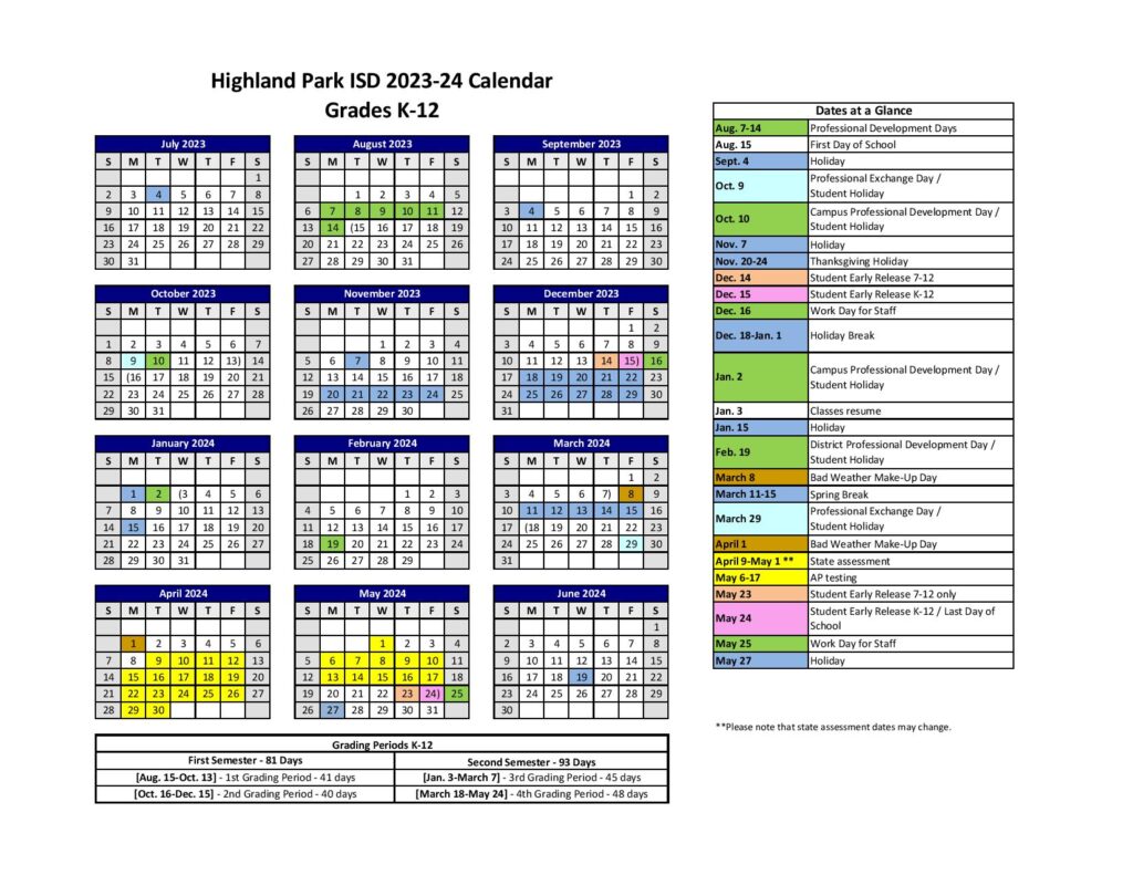 Highland Park ISD Calendar