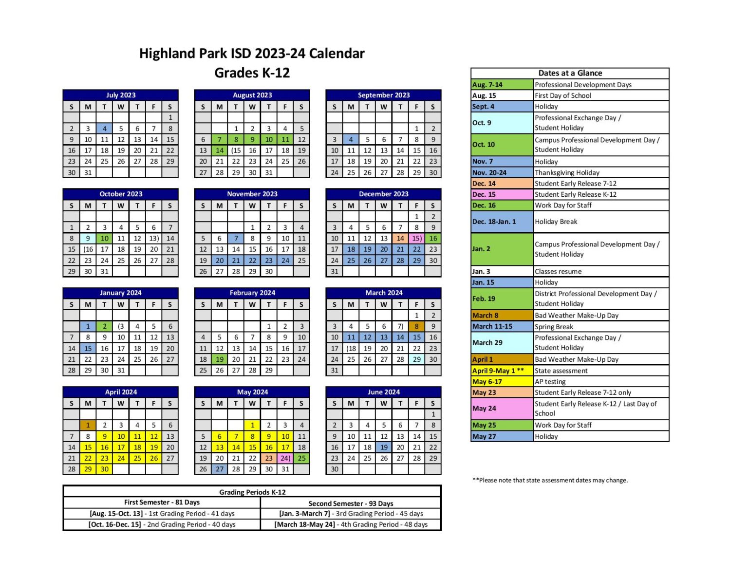 Highland Park ISD Calendar 20232024 PDF (Dallas)