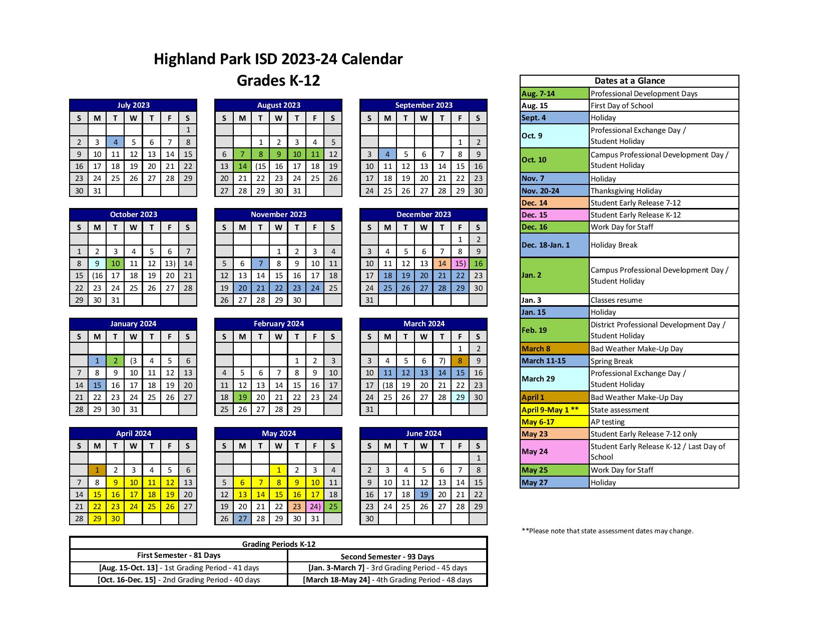 Highland Park ISD Calendar 20232024 PDF (Dallas)