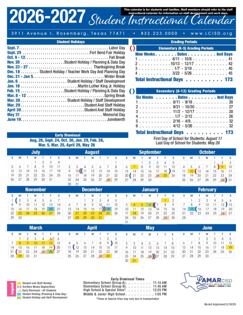 Lamar Consolidated Independent School District Calendar 2026-2027