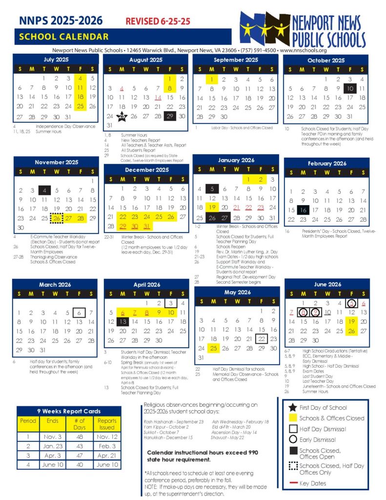 Newport News Public Schools Calendar 2025-2026