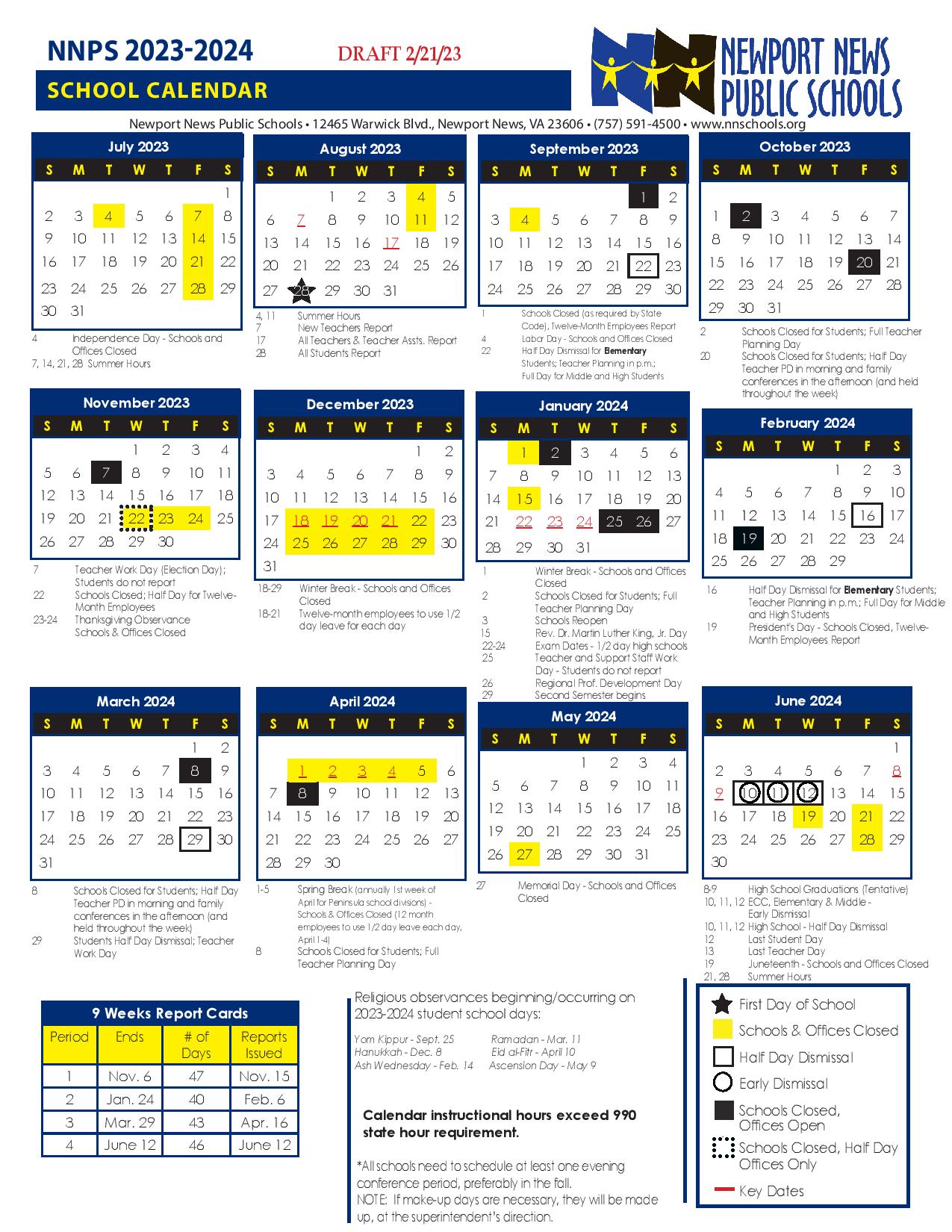 Newport News Public Schools Calendar 20232024 in PDF