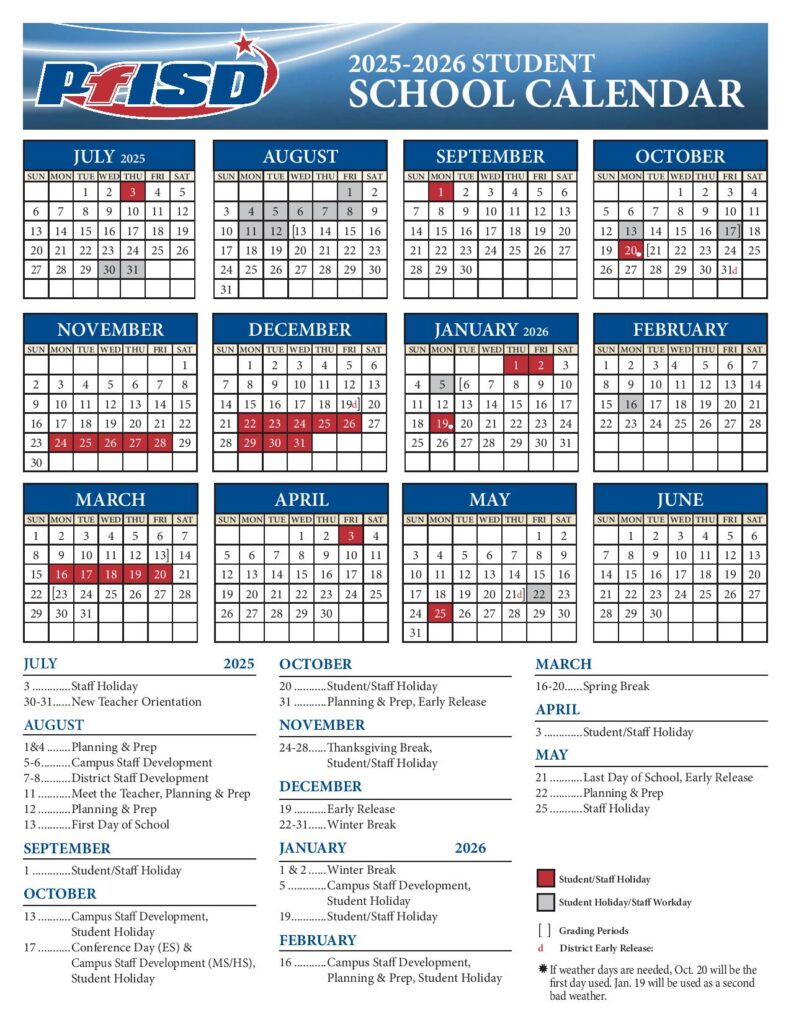 Pflugerville Independent School District Calendar 2025-2026