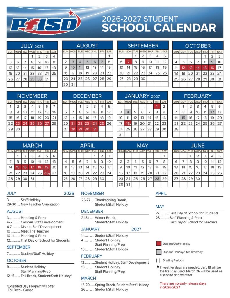 Pflugerville Independent School District Calendar 2026-2027