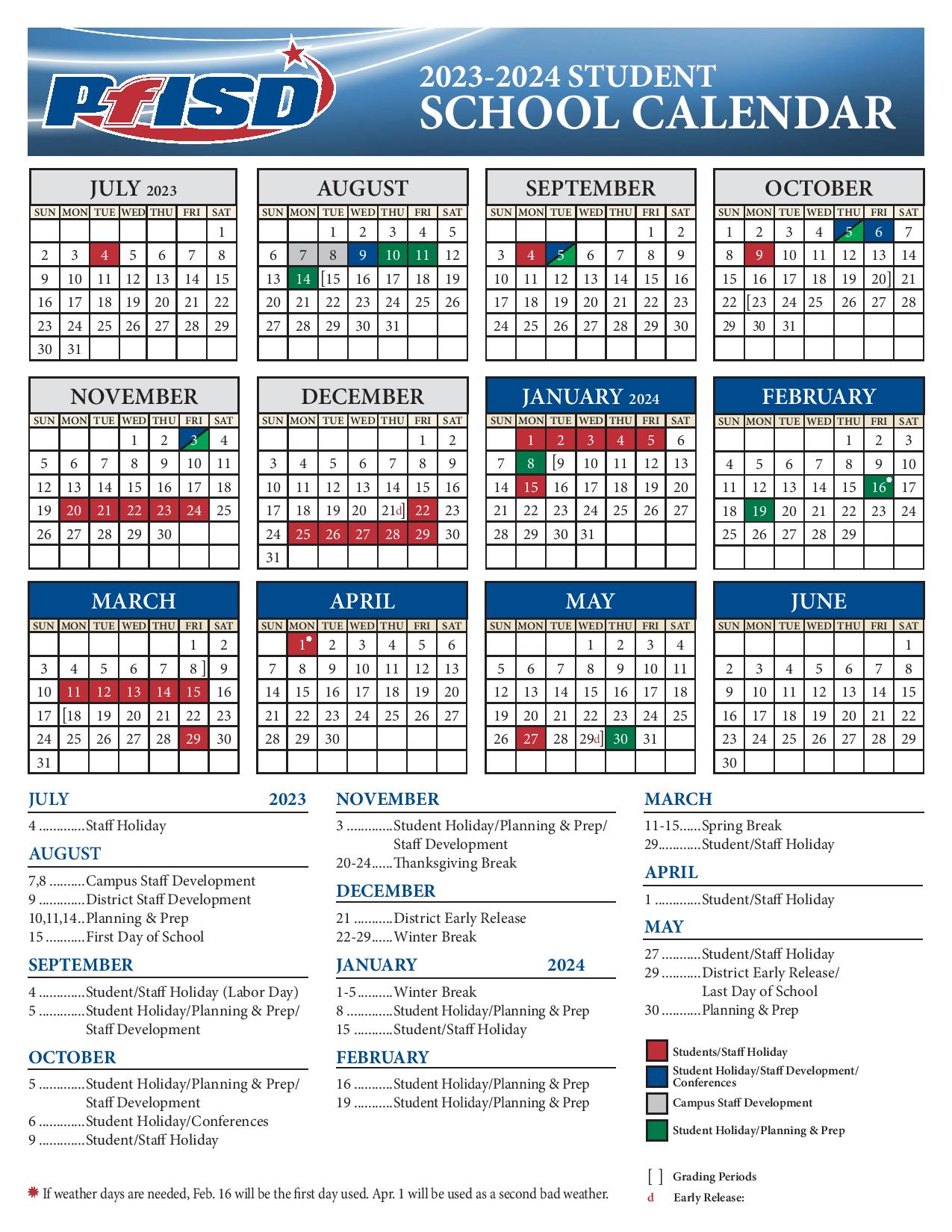 Pflugerville Independent School District Calendar 2023 2024