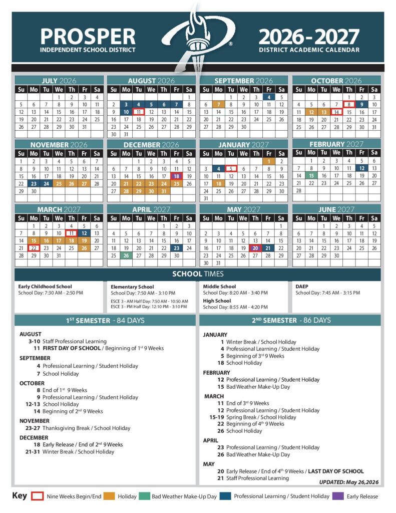 Prosper Independent School District Calendar 2026-2027