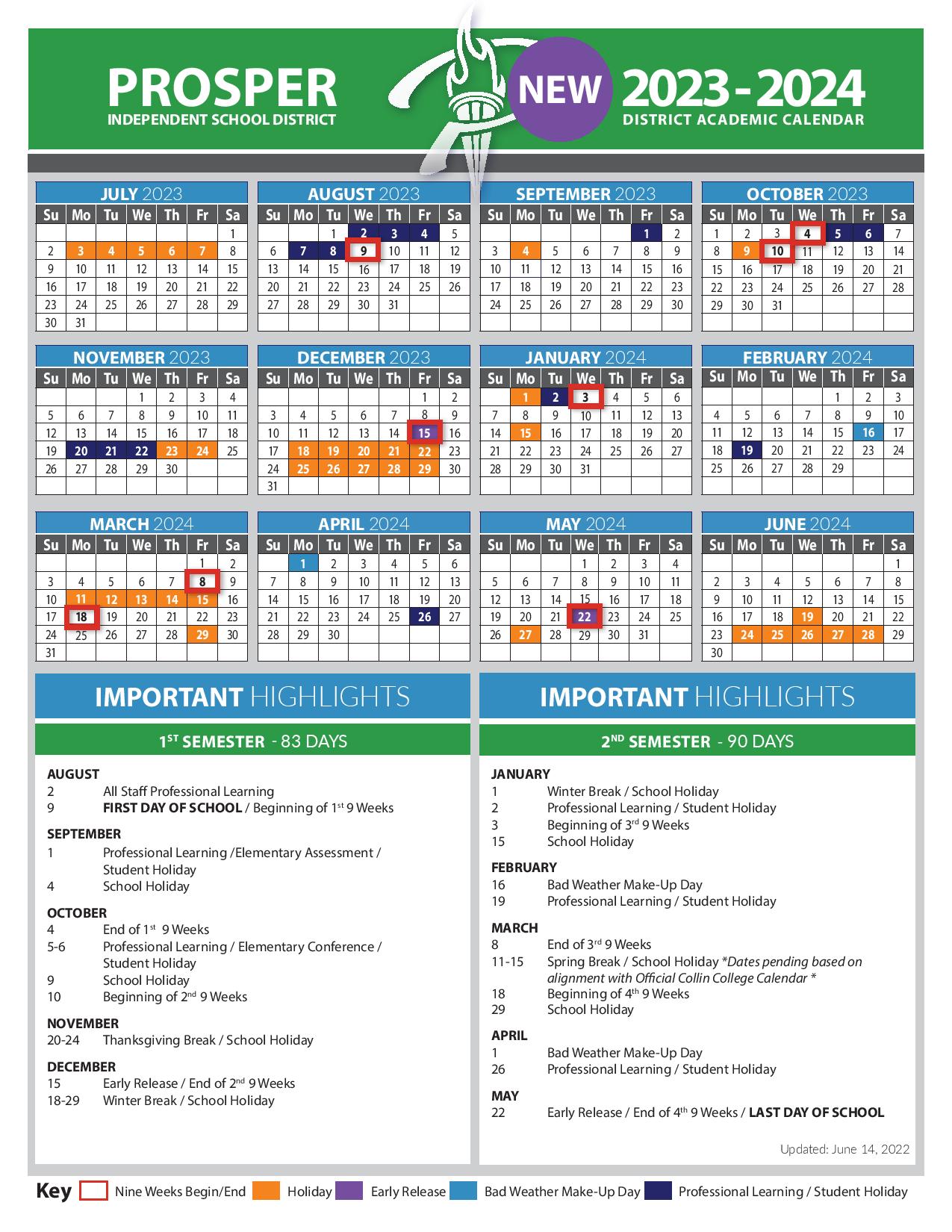 Prosper Independent School District Calendar 2023 2024