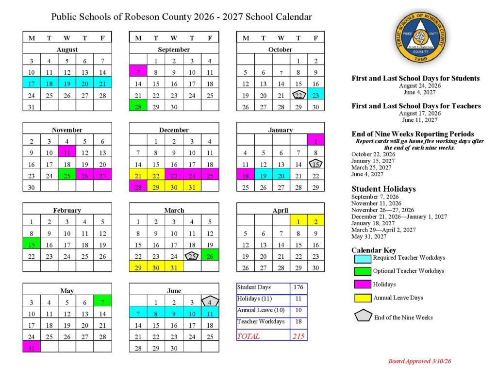 Robeson County Schools Calendar 2026-2027
