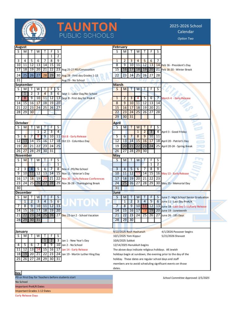 Taunton Public Schools Calendar 2025-2026
