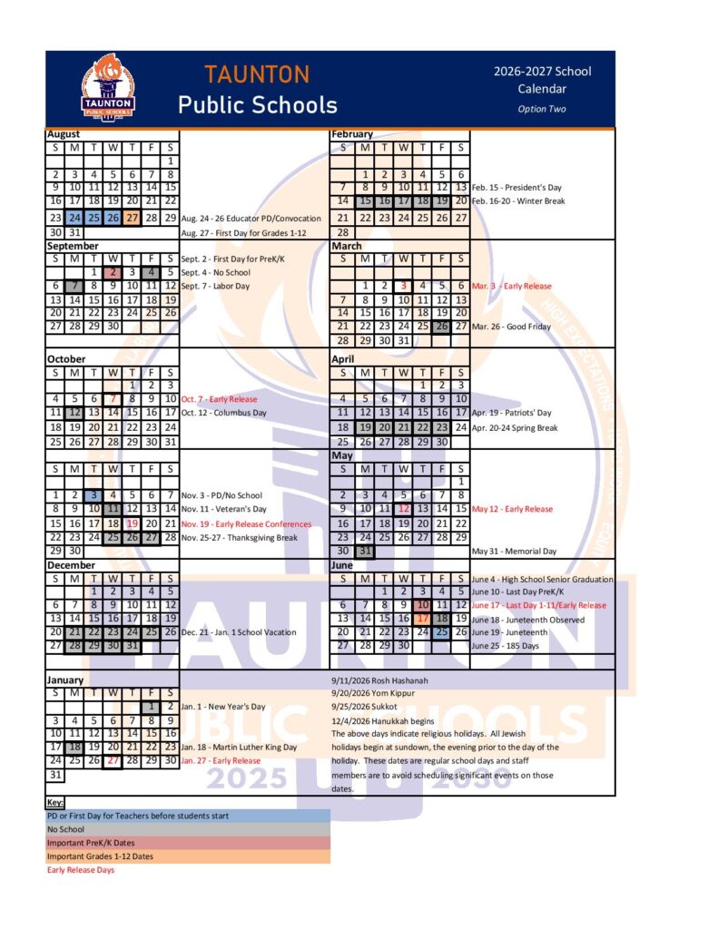 Taunton Public Schools Calendar 2026-2027