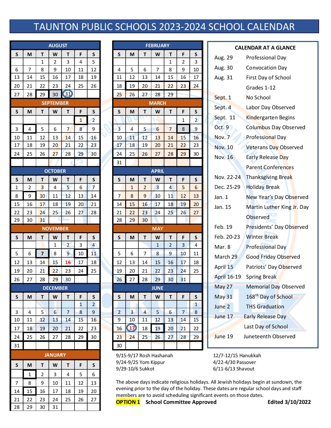 Taunton Public Schools Calendar 20232024 in PDF