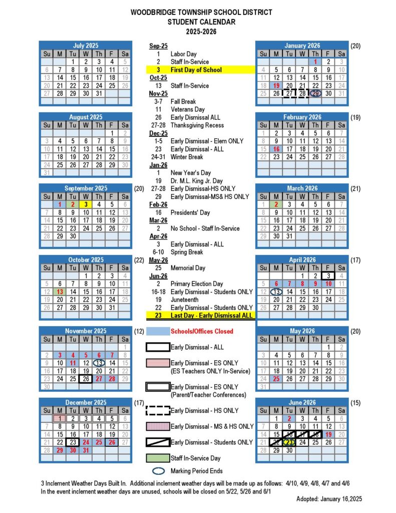 Woodbridge Township School District Calendar 2025-2026