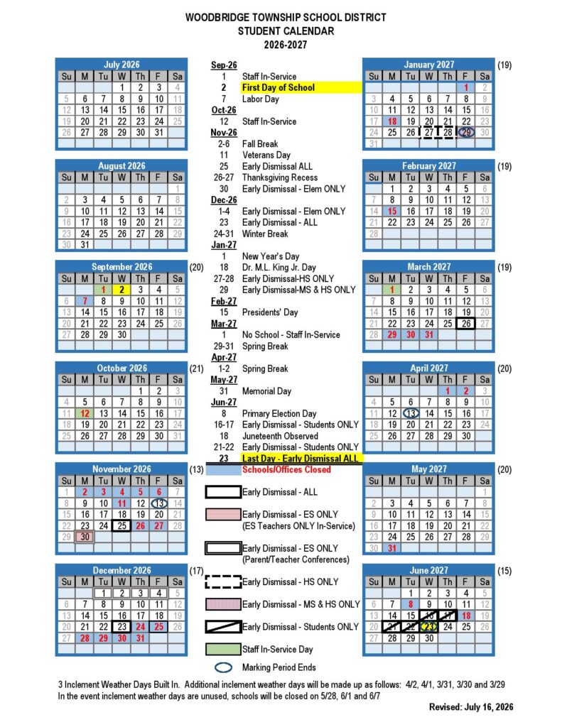 Woodbridge Township School District Calendar 2026-2027