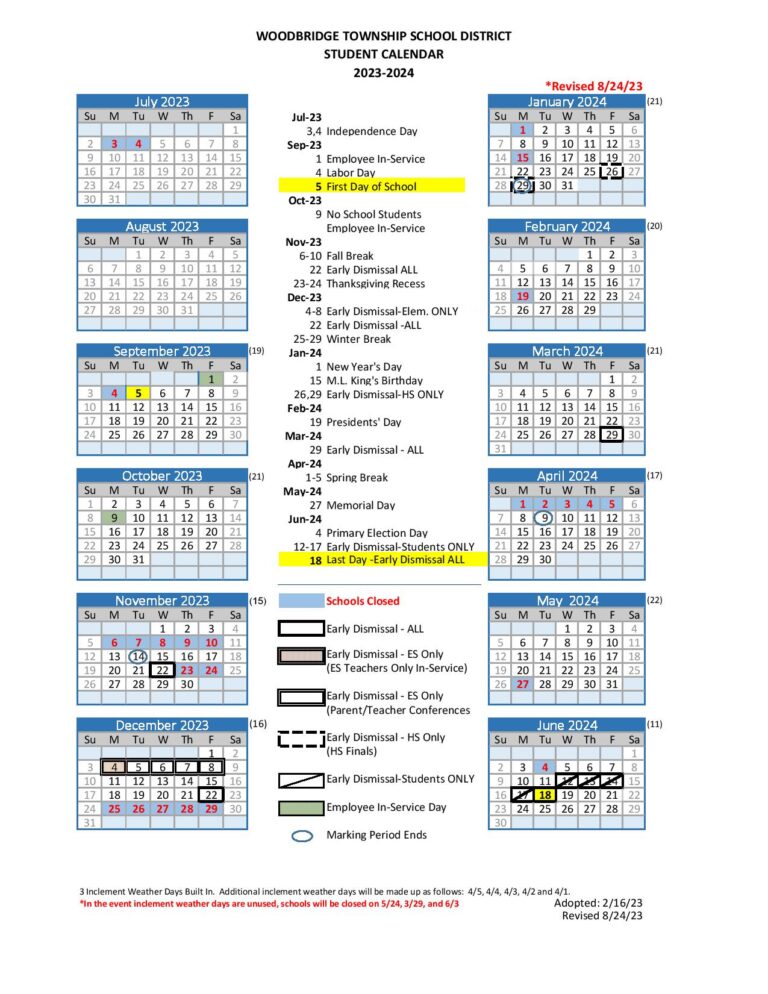 Woodbridge Township School District Calendar 2023-2024 in PDF