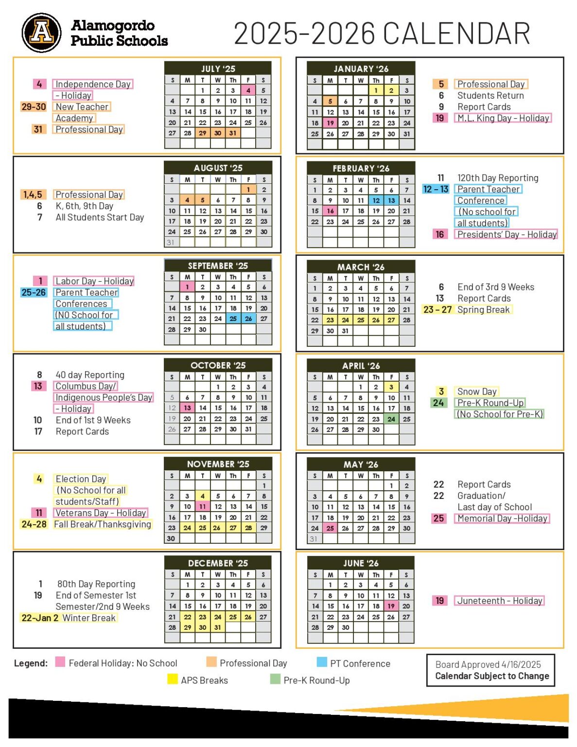 Alamogordo Public Schools Calendar 2025 2026 in PDF