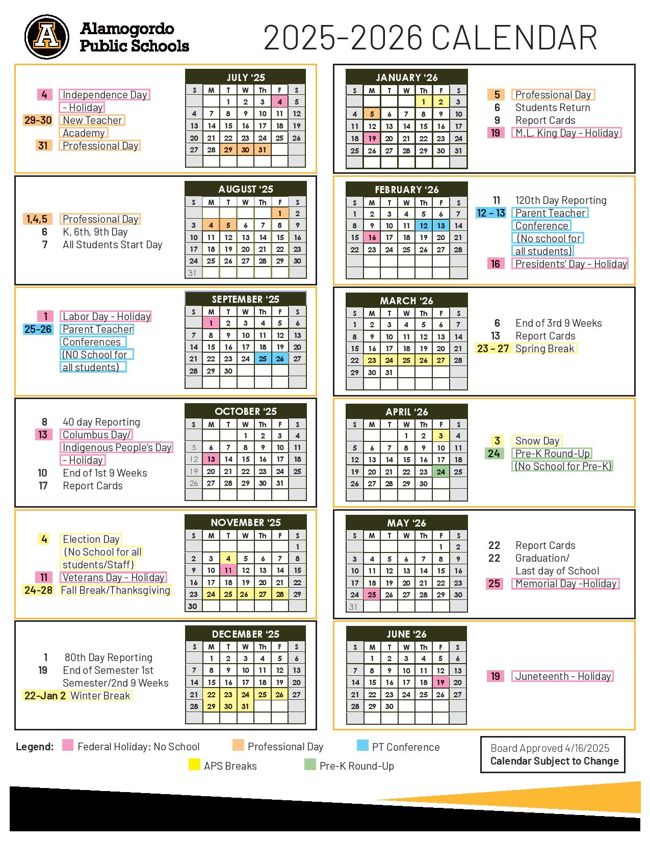 Alamogordo Public Schools Calendar 2025 2026 in PDF