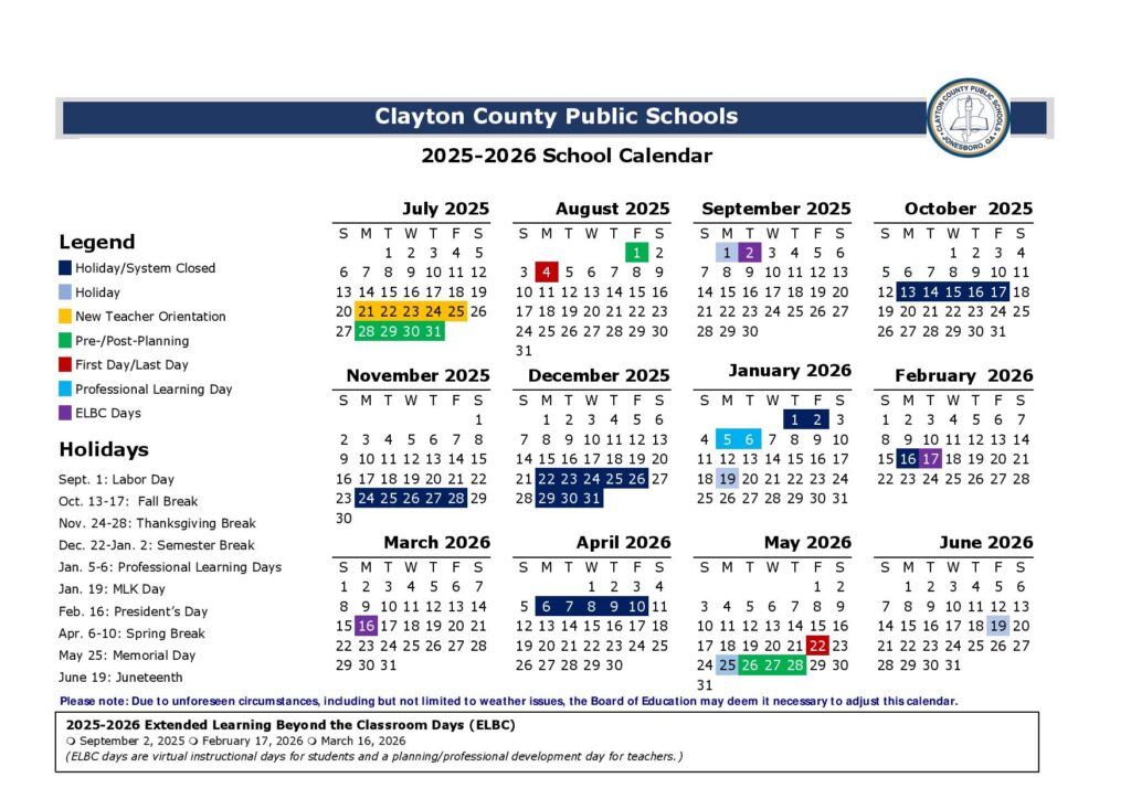 Clayton County Public Schools Calendar 2025-2026