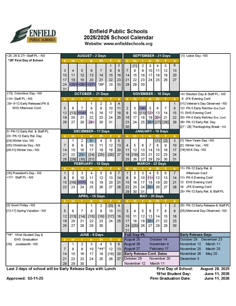 Enfield Public Schools Calendar 2025-2026