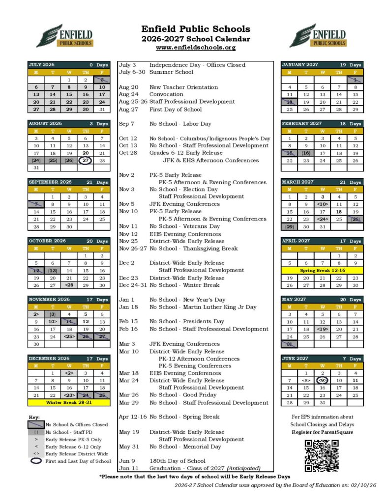 Enfield Public Schools Calendar 2026-2027