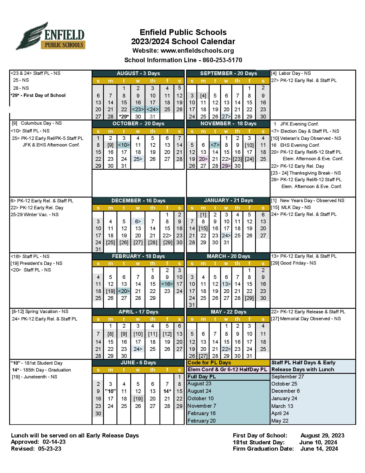 Enfield Public Schools Calendar 20232024 in PDF