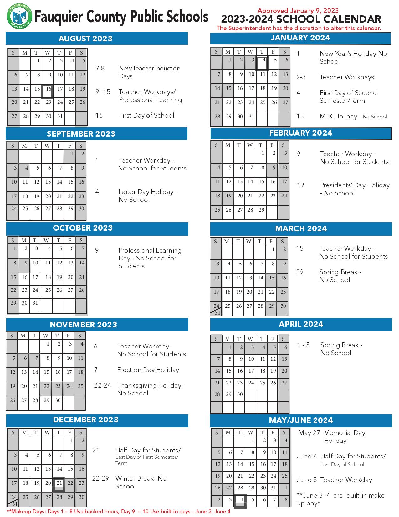 Fauquier County Public Schools Calendar 20232024 in PDF
