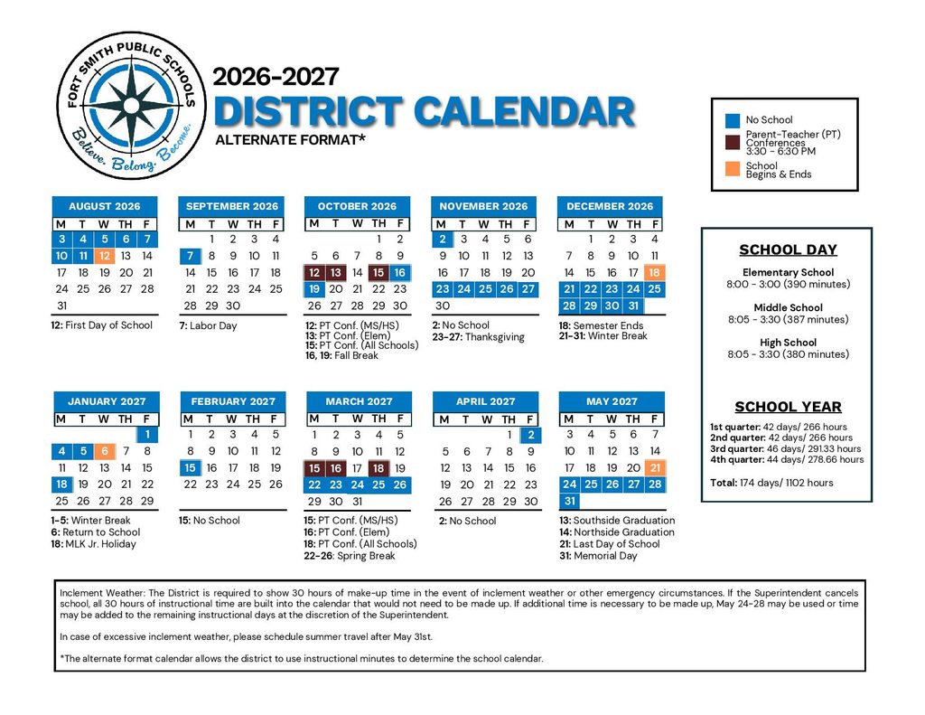 Fort Smith Public Schools Calendar 2026-2027