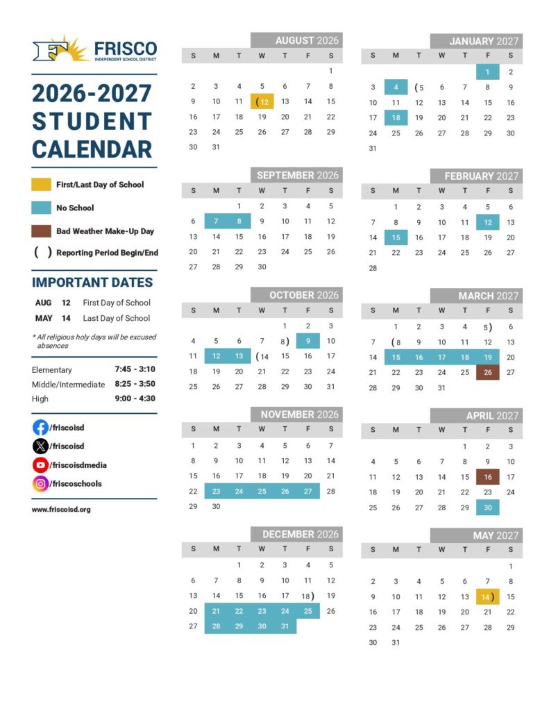 Frisco Independent School District Calendar 2026-2027