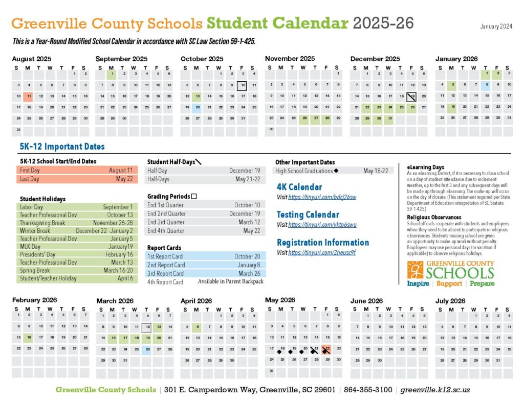 Greenville County Schools Calendar 2025-2026
