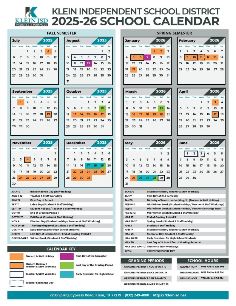 Klein Independent School District Calendar 2025-2026