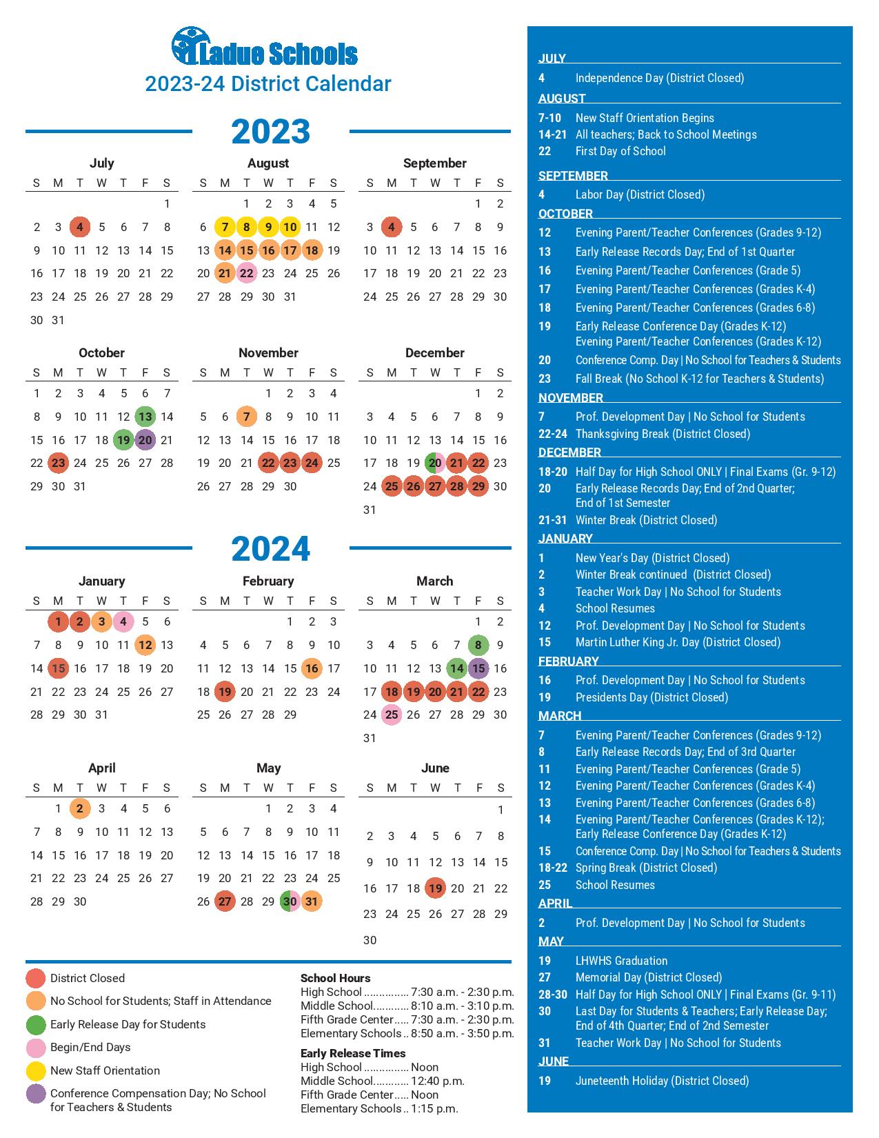 Ladue School District Calendar 20232024 in PDF