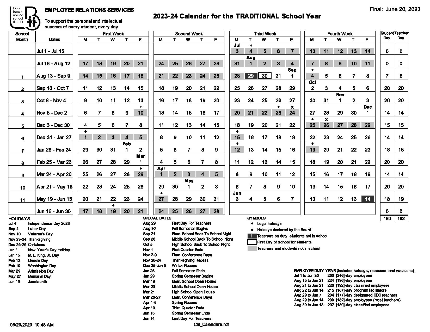 Long Beach Unified School District Calendar 20232024