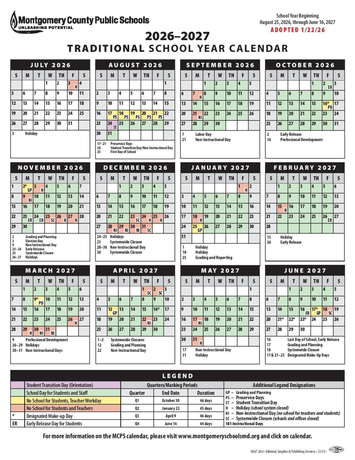 Montgomery County Public Schools Calendar 2026-2027 PDF