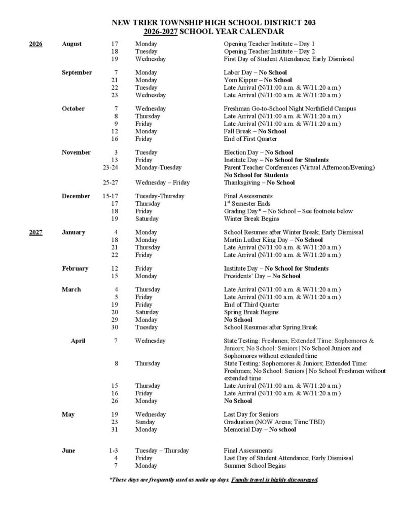 New Trier Township High School District 203 Calendar 2026-2027