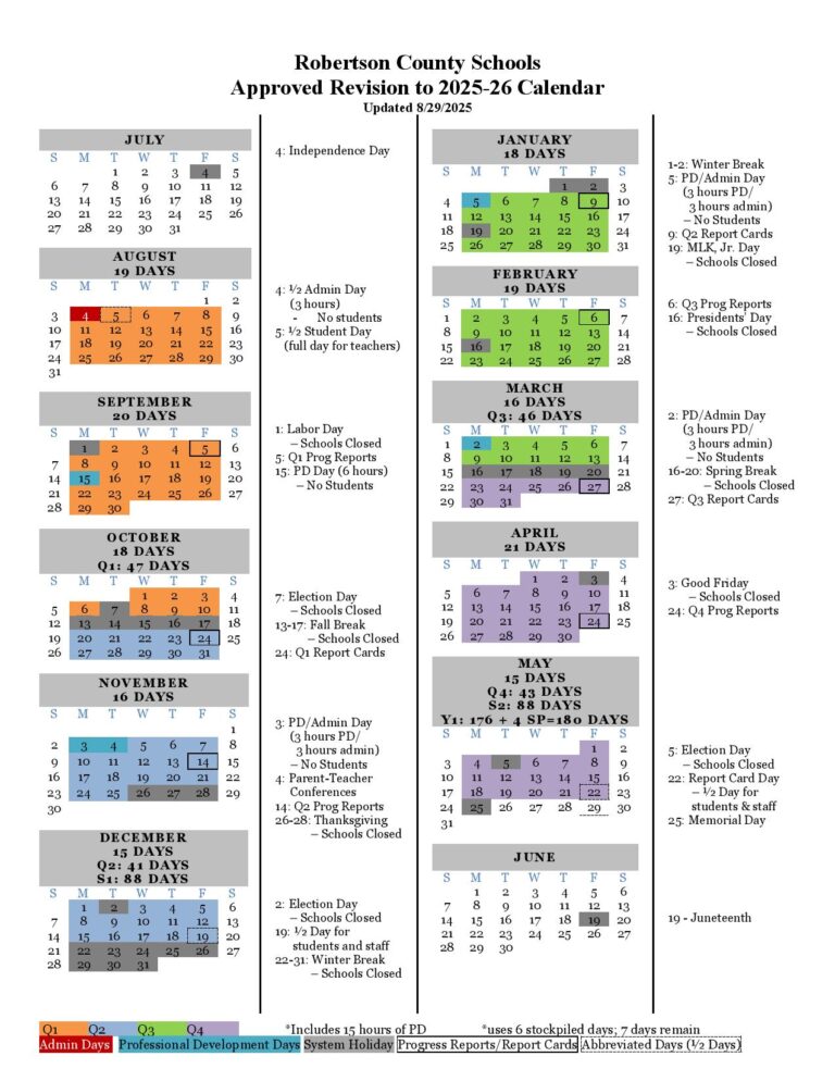 Robertson County Schools Calendar 2025 2026 in PDF