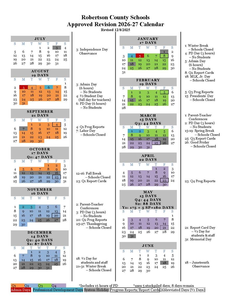 Robertson County Schools Calendar 2026-2027