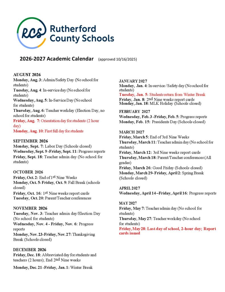 Rutherford County Schools Calendar 2026-2027