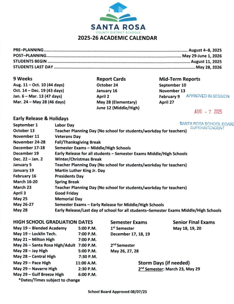 Santa Rosa County District Schools Calendar 2025-2026