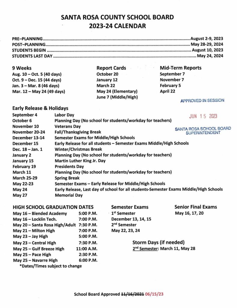 Santa Rosa County District Schools Calendar 2023 2024 In PDF