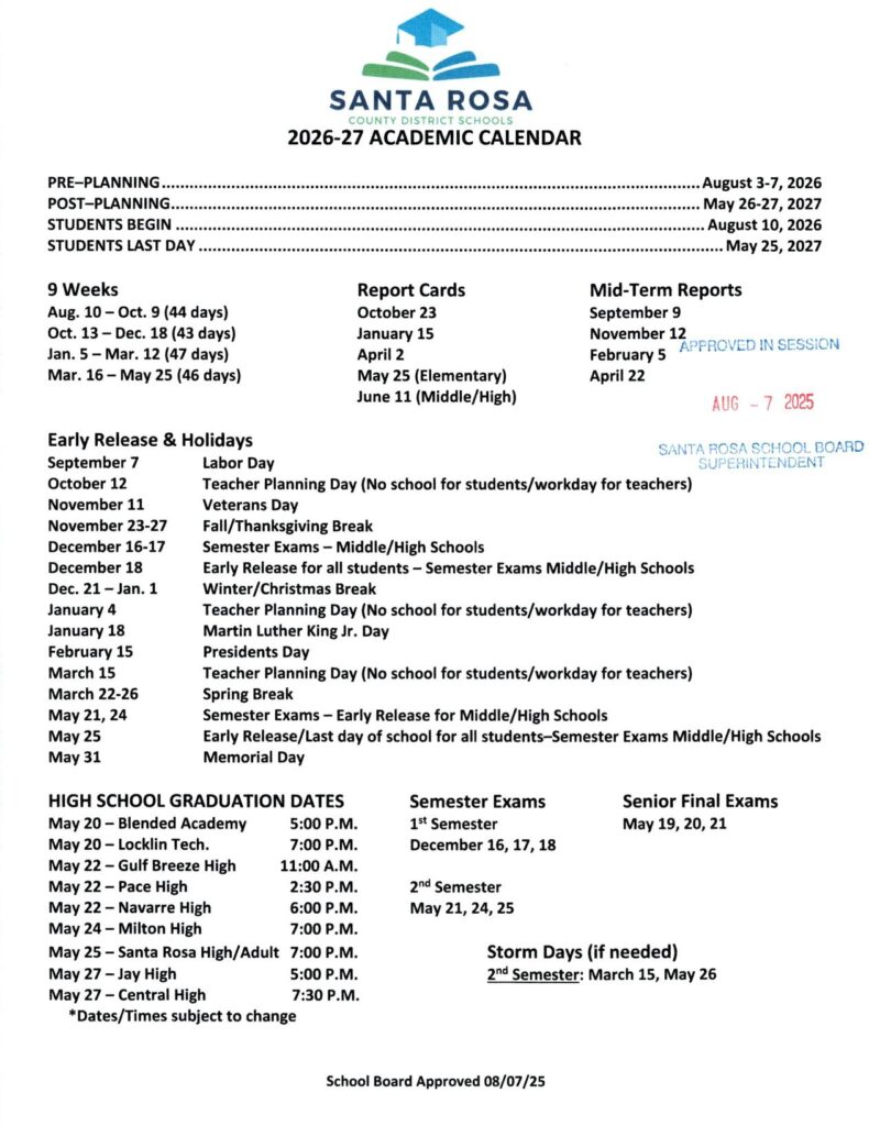 Santa Rosa County District Schools Calendar 2026-2027