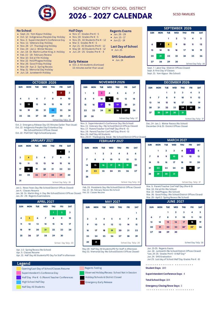 Schenectady City School District Calendar 2026-2027