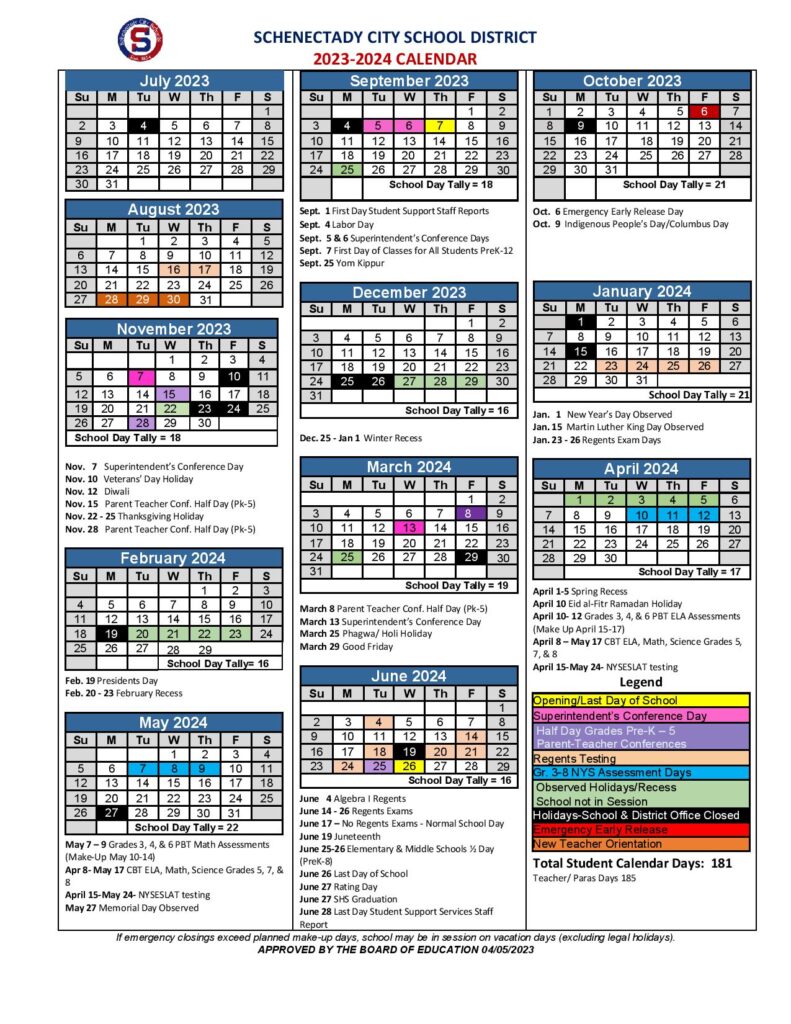 Schenectady City School District Calendar