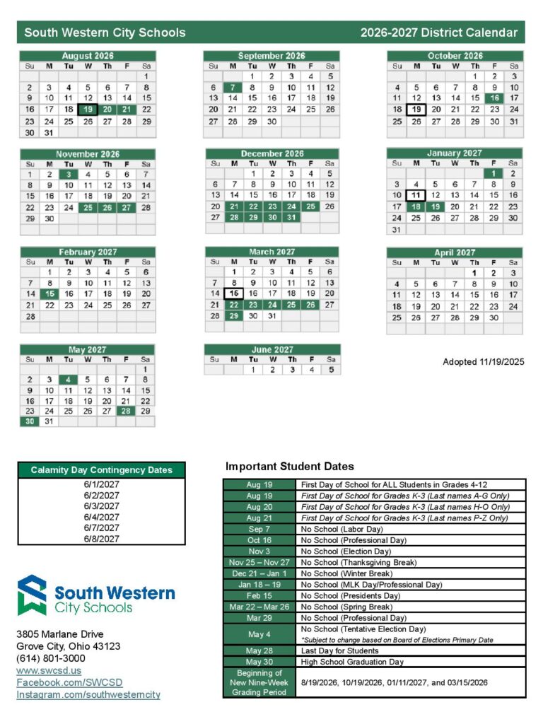 South-Western City School District Calendar 2026-2027