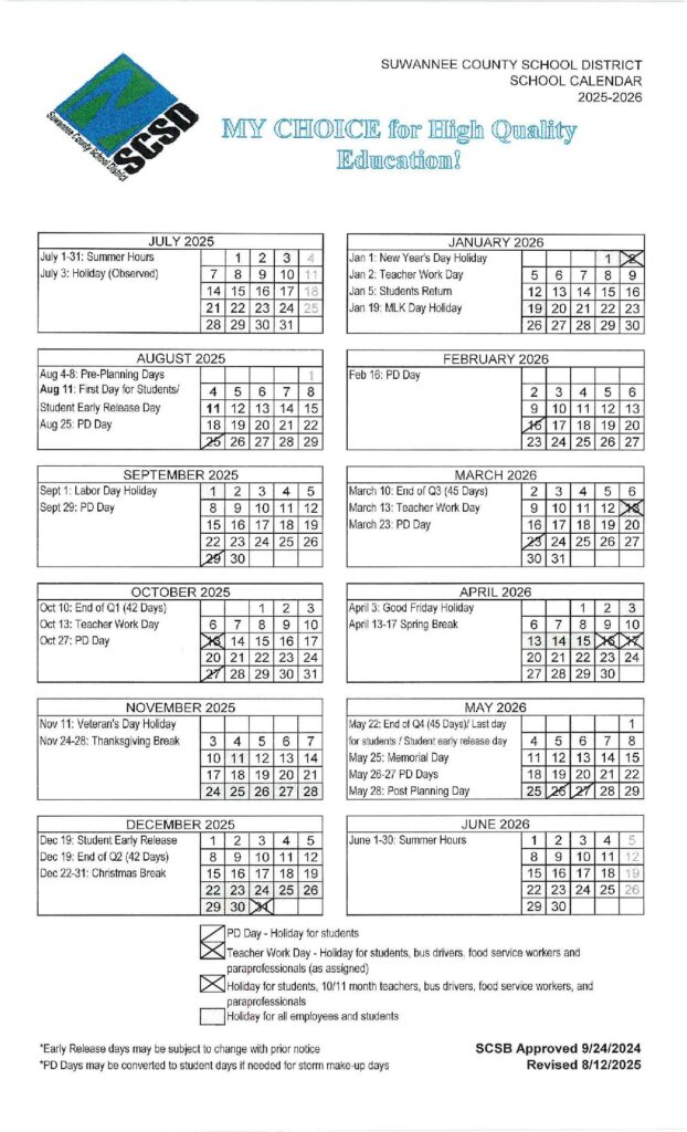 Suwannee County School District Calendar 2025-2026