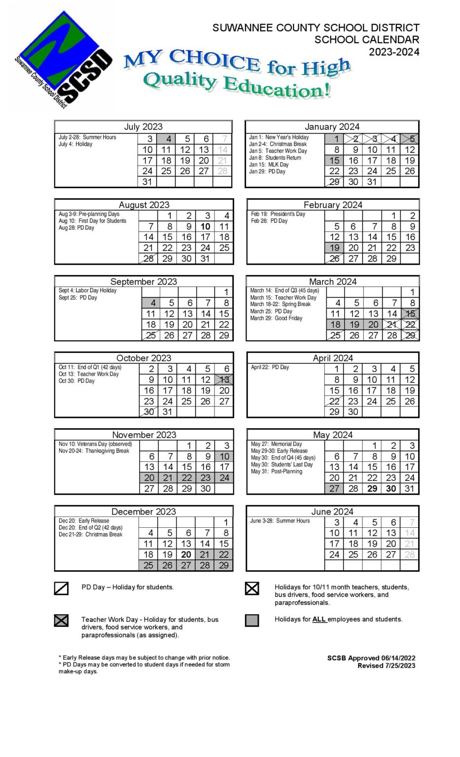 Suwannee County School District Calendar 2023-2024 in PDF