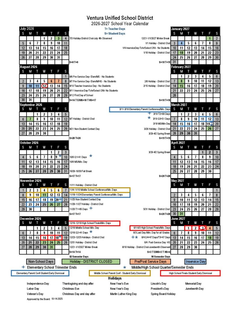 Ventura Unified School District Calendar 2026-2027