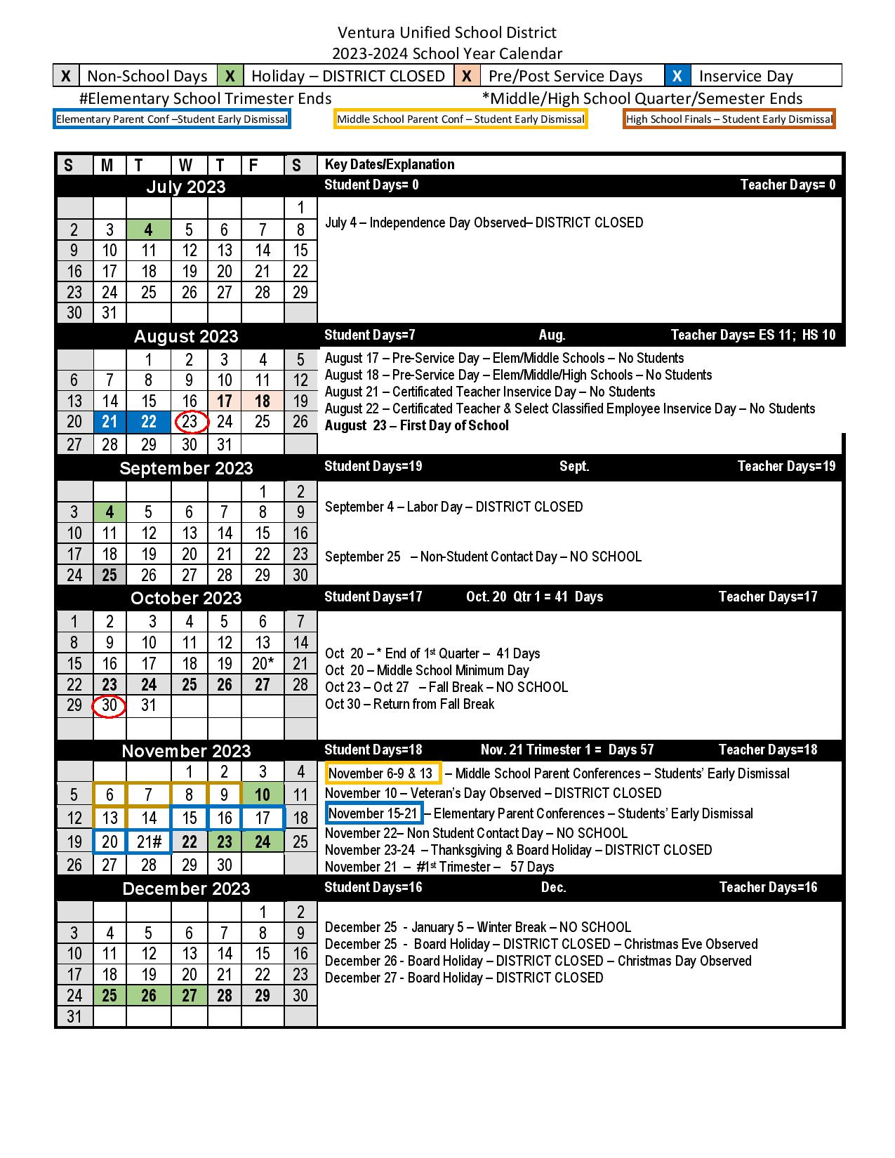 Ventura Unified School District Calendar 2023 2024 in PDF