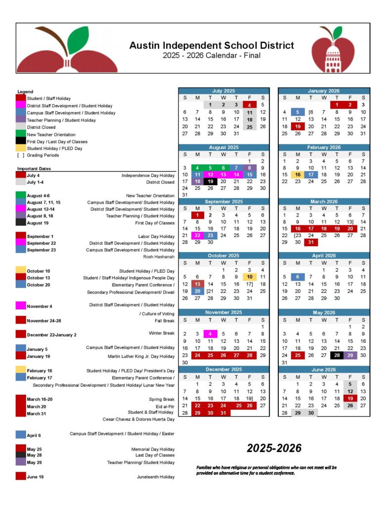 Austin Independent School District Calendar