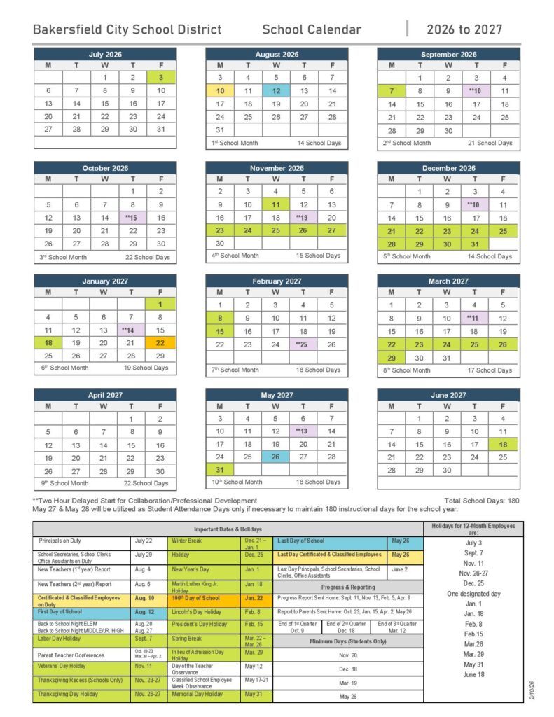 Bakersfield City School District Calendar 2026-2027