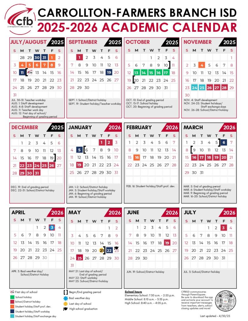 Carrollton-Farmers Branch ISD Calendar 2025-2026